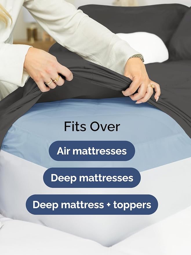 Extra Deep Split King Sheet Set - 7 Piece Breathable and Cooling Sheets - Hotel Luxury Bed Sheets Set - Easy Fit - Soft, Wrinkle Free and Comfy Sheets Set - Charcoal Sheet Set with Extra Deep Pockets