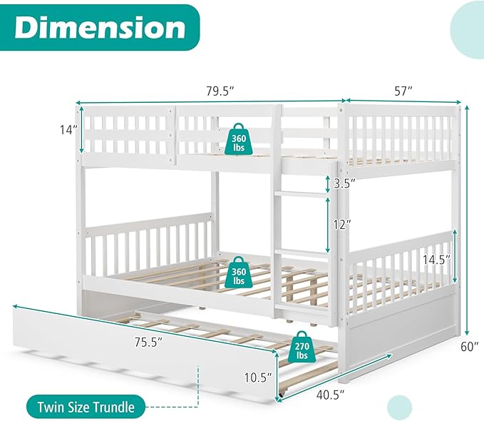 Giantex Full Over Full Bunk Bed with Trundle, Solid Wood Trundle Bed Frame w/Guardrails and Ladder, Convertible to 2 Beds, Full Size Bunk Beds for Adults Kids Teens, No Box Spring Needed, White