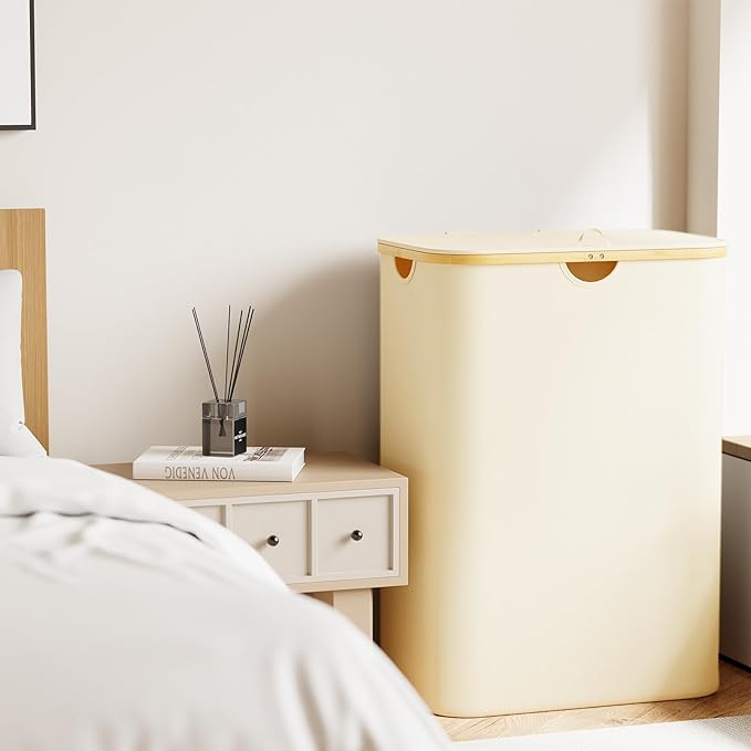 SpaceAid Double Laundry Hamper 2 Section with Lid and Removable Laundry Bags, 160L Clothes Basket with Bamboo Handles, Large Collapsible Hamper for Bedroom, Bathroom, Dorm, Laundry Room - Beige