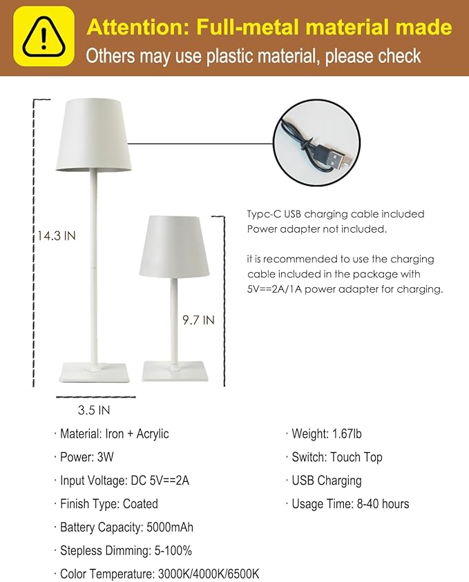 Cordless Table Lamp, Rechargeable Table Lamp with Touch Dimmable Control, Portable LED Desk Lamp for Indoor Patio (White-Rectangle, 1)