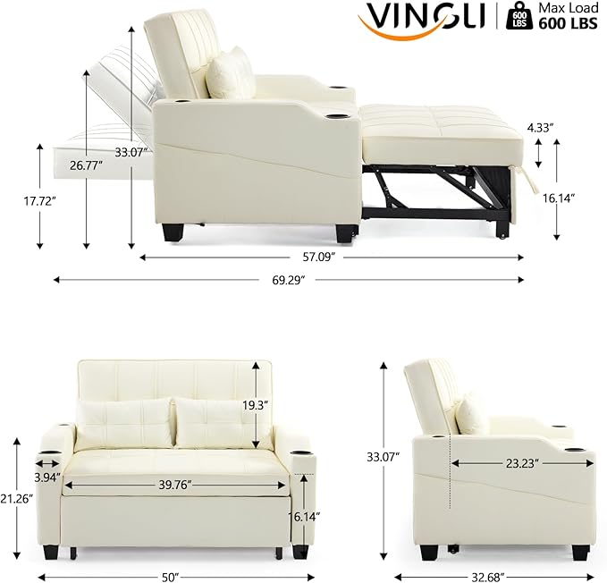 VINGLI Beige Futon Sofa Bed Convertible Loveseat Sleeper Couch, Faux Leather Pullout Sofa Fold Out Couch Bed with USB Ports, Cup Holders, Armrest for Living Room, Bedroom Apartment Room