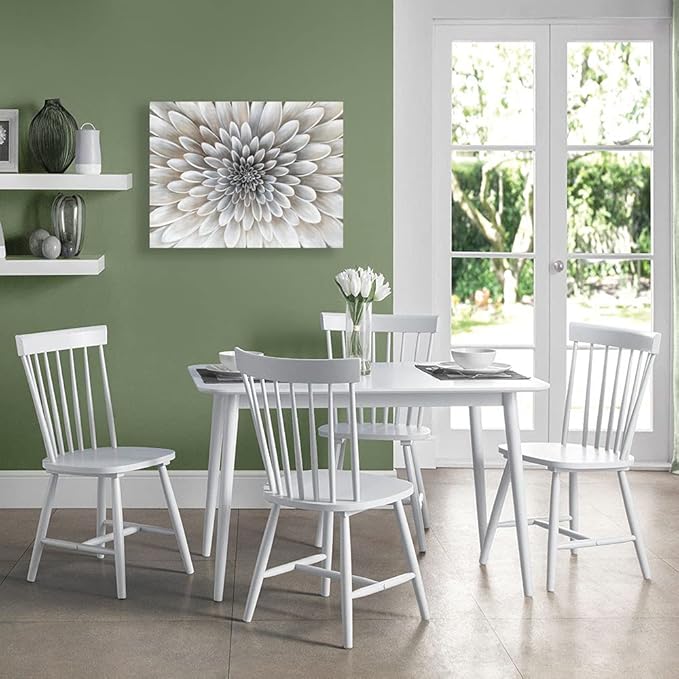 Floral Wall Art in Neutral Color Modern Canvas Decor in Glam Style Framed Artwork with Embellishment Texture Dahlia Flower Picture in White Grey Cream Hues for Office