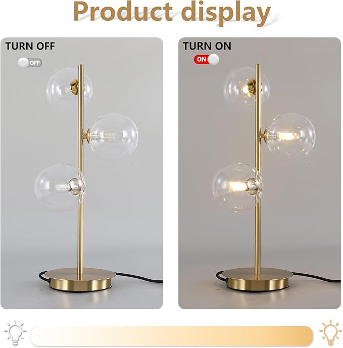 Mid Century Globe Table Lamp, Modern 3 Lights Gold Desk Lamp, Contemporary White Glass Globe Reading Lamp for Bedroom Living Room Study Room