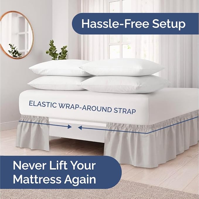 Wrap Around Dust Ruffle Bed Skirt - Light Grey - for Queen Size Beds with 15 Inch Drop - Elastic Strap - Adjustable Pleated Bedskirt with Brushed Fabric and Wrinkle Free - For Women, Men, Kids & Teens