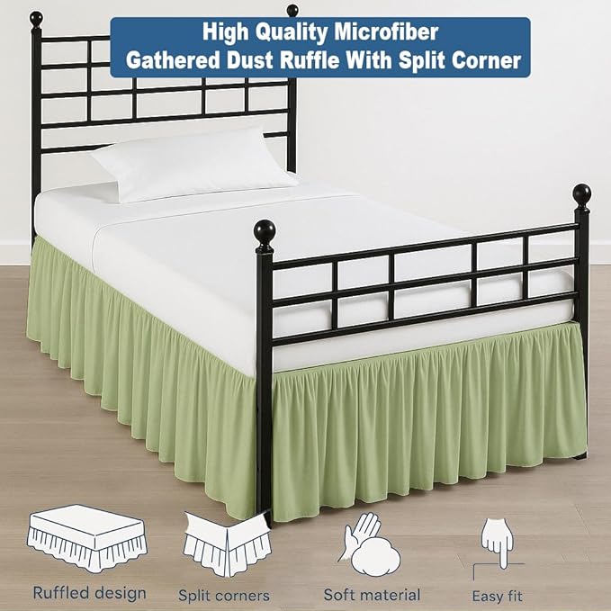 Ruffled Bed Skirt Split Corners with Platform, Tailored Fit Hotel Quality Wrinkle Free Ultra-Soft Microfiber Dust Ruffle, Upto 14 Inch Drop, King, Sage