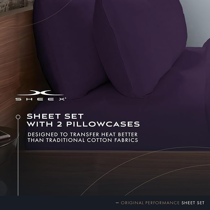 SHEEX - Original Performance Sheets Set (Queen) Royal Plum - Cooling Sheets - Moisture Wicking - 1 Flat Cooling Sheet, 1 Fitted Cooling Sheet, 2 Pillow Covers - Wrinkle Free - Sleep Aid