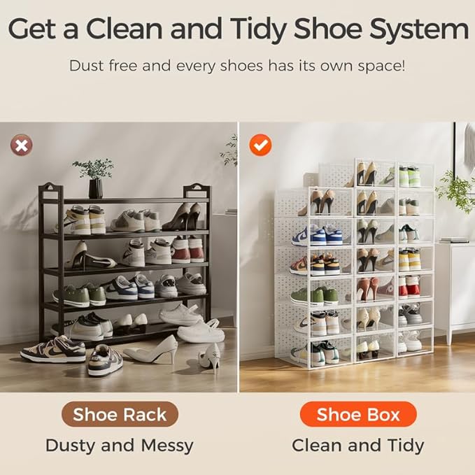 Pinkpum 15 Pack X-Large Shoe Storage Boxes Fit US Size 11, Shoe Organizer for Closet Clear Plastic Stackable Shoe Dispaly Case Holder Bins, Sneaker Storage for Sneakerheads White for Home and Family