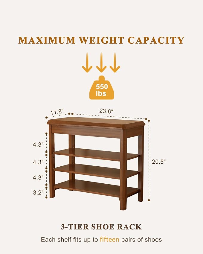 Shoe Rack Bench Seat Rubberwood 3-Tier Wooden Storage Bench 550lbs Compact Mid-Century Modern Design for Entryway, Hallway, Closet, Front Door Entrance, Foyer