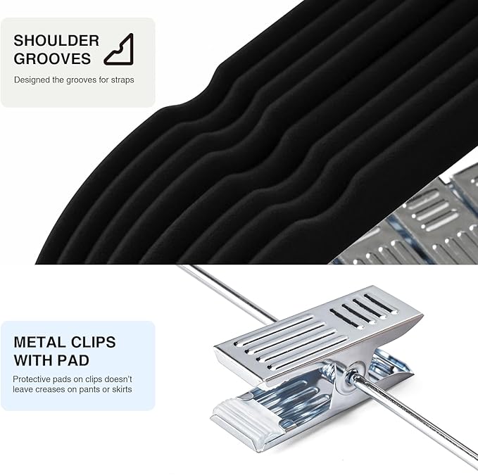 36-Pack Black Velvet Hangers with Clips Adjustable,Adult Hangers,Heavy-Duty,Felt,Non-Slip,Space Saving,Slim Outfit Hanger for Pants, Skirts, Suits,Coats, Dresses ect.