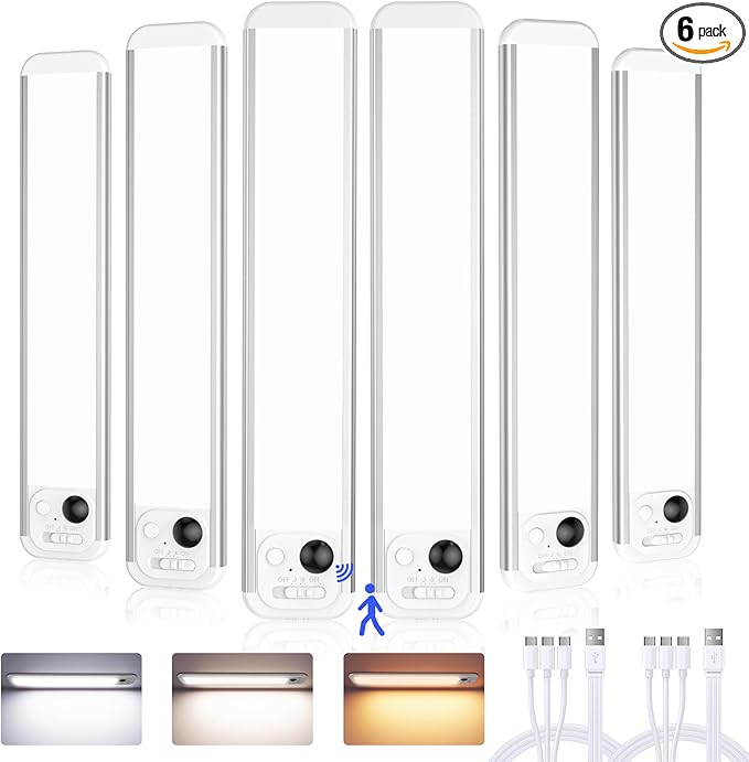 Under Cabinet Lighting, 3 Colors, Motion Sensor Light Indoor, LED Rechargeable Closet Lights Battery Operated, Dimmable Night, Stick-On Magnetic Cabinet Lights for Kitchen Stairs Hallway