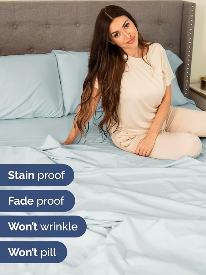 Extra Deep Split King Sheet Set - 7 Piece Breathable and Cooling Sheets - Hotel Luxury Bed Sheets Set - Easy Fit - Soft, Wrinkle Free and Comfy Sheets Set - Ice Blue Sheet Set with Extra Deep Pockets