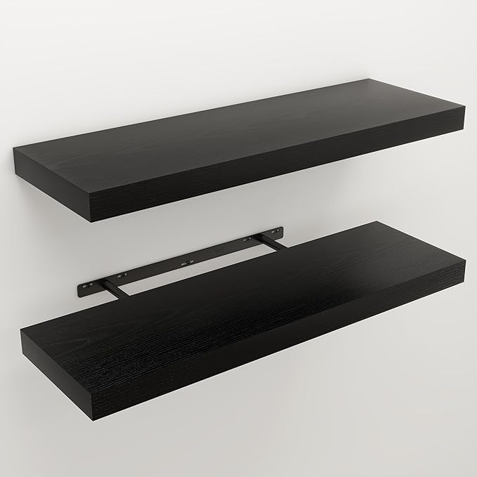 Floating Shelves for Wall, 9.3" Deep Wall Mounted Wood Shelves for Bathroom, Bedroom, Living Room, Kitchen, Hanging Shelf for Books/Storage/Room Decor (Black, 30")