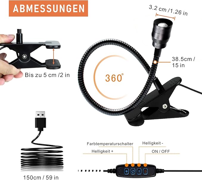 Zoomable LED Reading Lights for Bed Headboard, Clip on Spotlight Lamp for Desk, Dorm Bed, Dimmable USB Clamp Book Light with Flexible Gooseneck, Adjustable Beam Angle 15°-80°