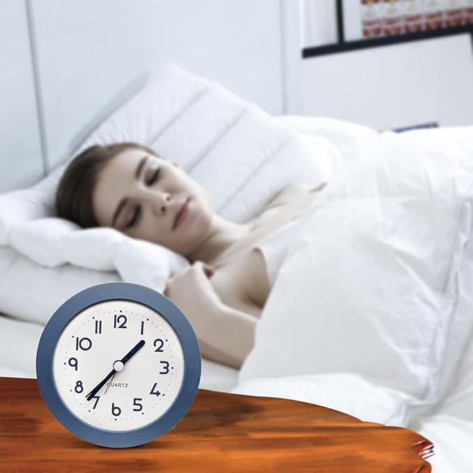 Alarm Clock with Backlight, 4.5 Inches Cute Analog Round Digital Quartz Clock, Non Ticking, Battery Operated ,Frosted Texture, Simply Design for Living Room, Bedroom ,Bedside, Desk Decorative (Blue)