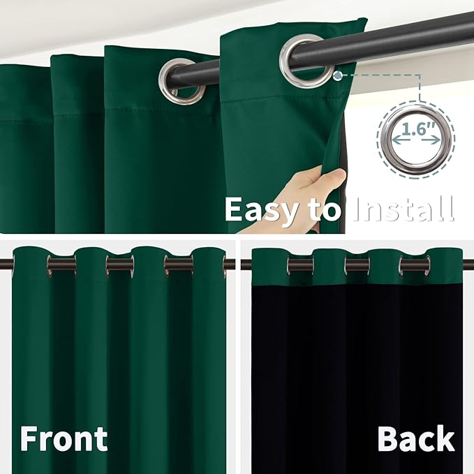 BGment Thermal Insulated 100% Blackout Curtains for Bedroom with Black Liner, Double Layer Full Room Darkening Noise Reducing Grommet Curtain (52 x 84 Inch, Emerald, 2 Panels)