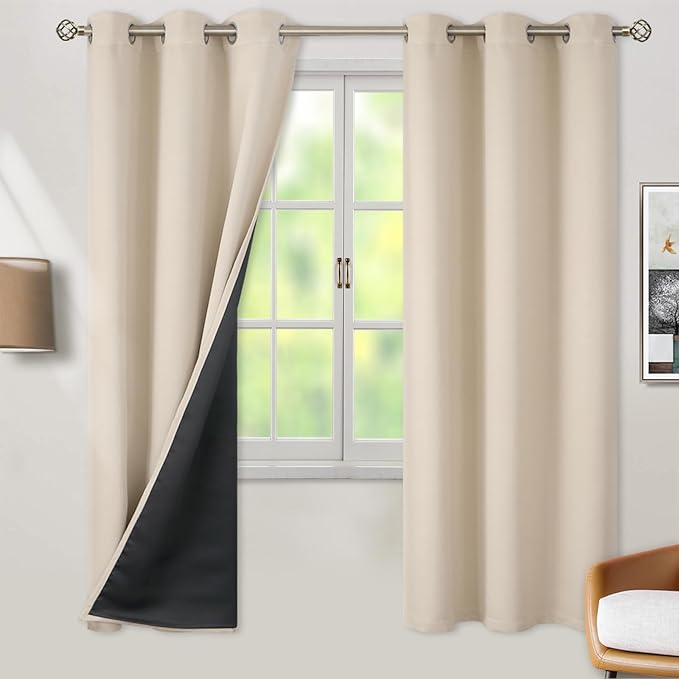 BGment Thermal Insulated 100% Blackout Curtains 72 Inch Length 2 Panels, Total Light Blocking Curtains for Bedroom, Grommet Window Drapes with Thick Black Liner, 42 Inch Wide Each Panel, Champagne