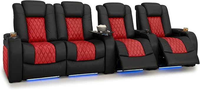 Seatcraft Diamante Zero-Gravity CoolZero Italian Leather Home Theater Seating, Power Headrest, Power Recline, Row of 4 Left Loveseat, Black/Red