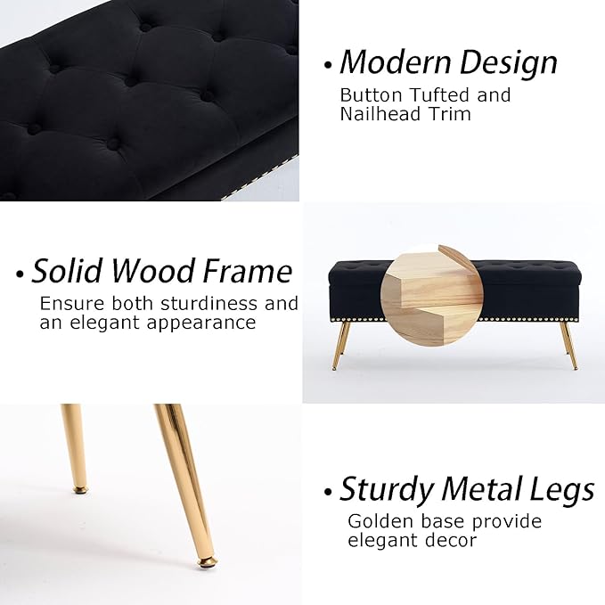Velvet Storage Bench with Gold Legs& Nailhead Trim, 46" Wide Upholstered Modern Bedroom Bench for End of Bed, Tufted Ottoman for Entryway Living Room Dining Room (Black, 46" Wide)