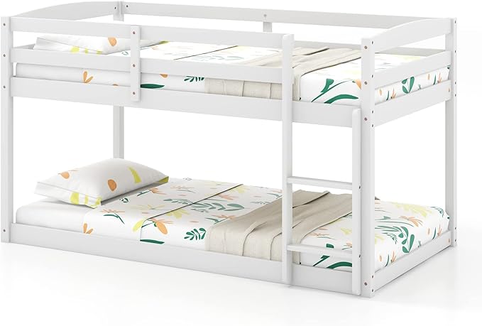 KOMFOTT Low Bunk Bed Twin Over Twin, Solid Wood Bunk Bed Frame with Built-in Ladder & Safety Guardrails, Space-Saving Low Bunk Bed for Kids, Teens, No Box Spring Needed