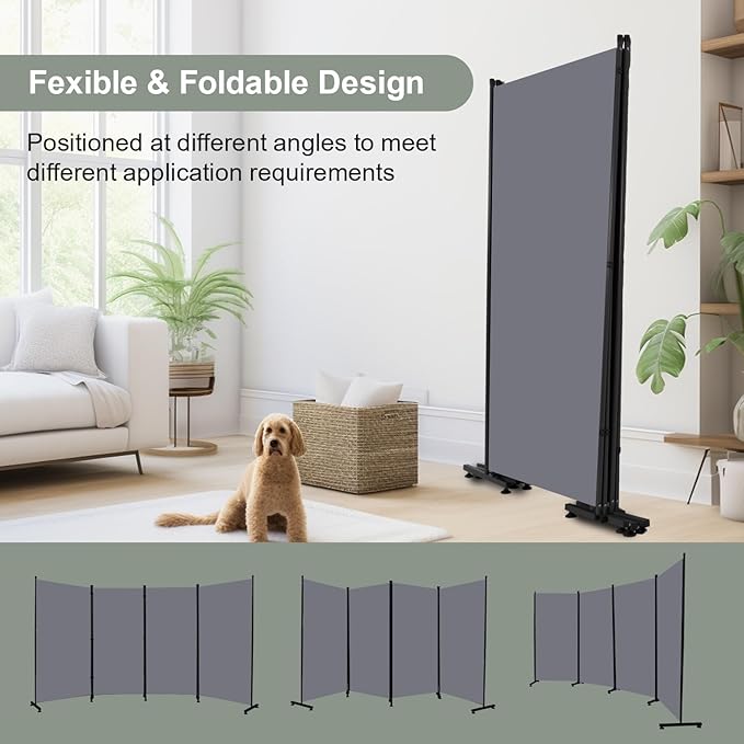 Room Divider Folding Privacy Screens with Wheels, 6FT Tall Divider for Room Separation, Movable Room Partitons and Dividers, Indoor Room Dividers Panel with Fabric (Grey, 4 Panel-136‘’-Round Pad)