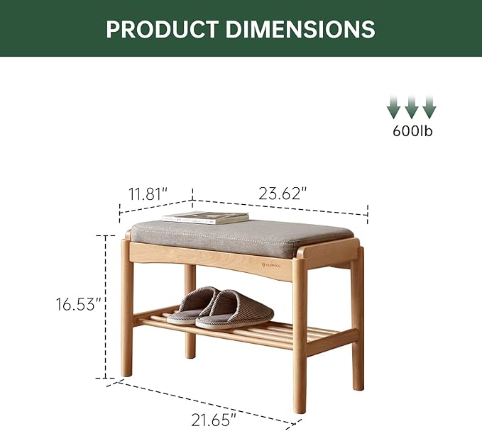 Solid Wood Shoe Bench, Shoe Rack Bench Assembled with Gray Cushion for Entryway, Hallway, Bedroom, Living Room, 11.8" x 23.6" x 16.5", Beech Wood, Natural