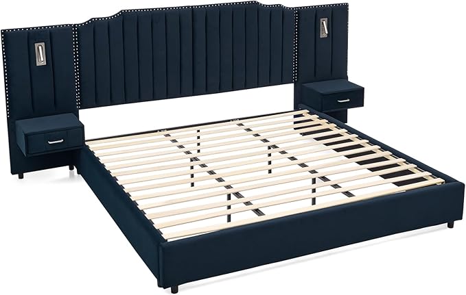 King Size Bed Frame with Storage, Luxury King Platform Bed Frame with Headboard, Velvet Fabric Upholstered Bedframe with LED Lights, Solid Frame & Bedside Table,No Box Spring Needed,Dark Blue