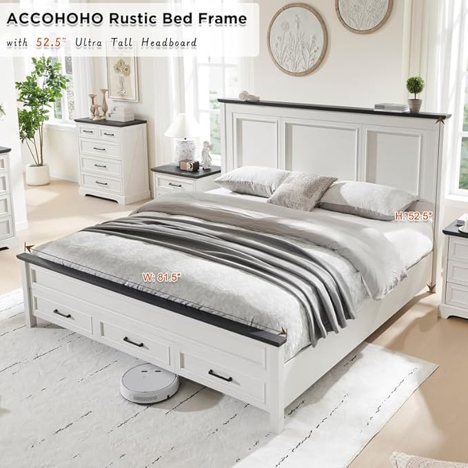 ACCOHOHO Farmhouse King Size Bed Frame with 52" Tall Headboard, Wood Platform Bedframe with Footboard and Storage Drawers, No Squeak, No Box Spring Needed, White