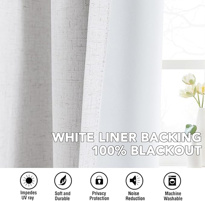 H.VERSAILTEX Linen Curtains 100% Blackout Curtains for Bedroom 45 inch Long Full Light Blocking Nature Linen Blended Window Curtains for Living Room Nickel Grommet (2 Panels, Heathered White)