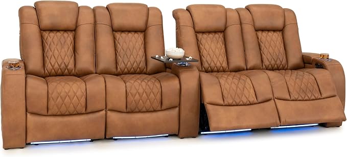Seatcraft Diamante Zero-Gravity CoolZero Italian Leather Home Theater Seating, Power Headrest, Power Recline, Row of 4 Dual Loveseats, Tawny