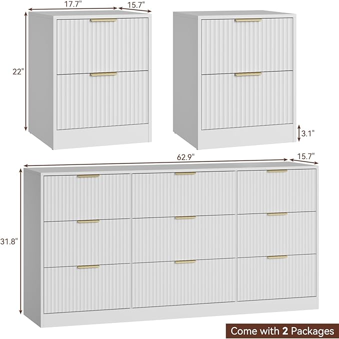 9 Drawer Dresser & Nightstand Set 3-Piece, 63” Wide White Fluted Dresser and Night Stand Set of 2, Fluted Modern Wood Chest of Drawers Storage Dressers Set for Bedroom, White