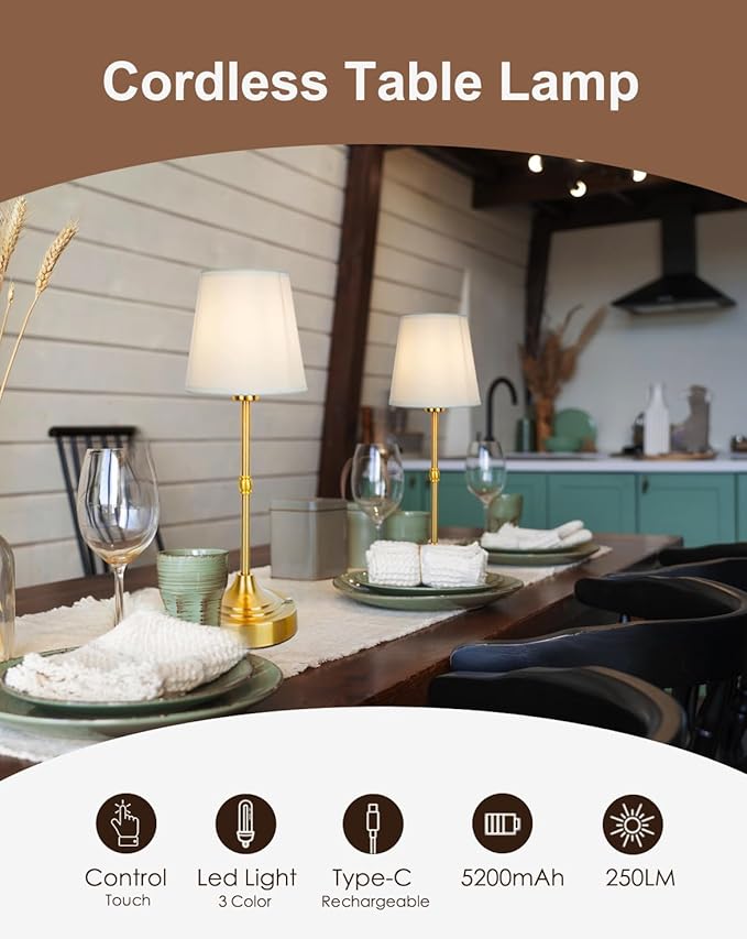 Cordless Table Lamp, Rechargeable Table Lamp with Touch Dimmable Control, Portable LED Desk Lamp for Indoor Patio (Gold, 1)
