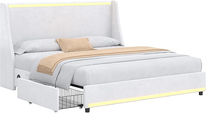 VECELO Queen Size Bed Frame with Storage Drawers, Upholstered Platform Bedframe with Wingback Headboard, No Box Spring Needed, White