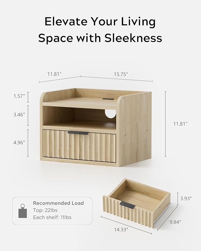 Fluted Floating Nightstand Set of 2, Wall Mounted Bedside Table with Storage Drawer and Open Shelf, Night Stand with Charging Station for Living Room, Bedroom, Dorm, Light Oak