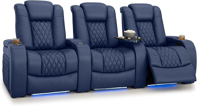 Seatcraft Diamante Zero-Gravity CoolZero Italian Leather Home Theater Seating, Power Headrest, Power Recline, Row of 3, Navy Blue