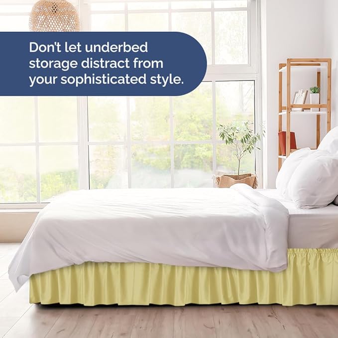 Wrap Around Dust Ruffle Bed Skirt - Yellow - for Full Size Beds with 24 Inch Drop - Easy Fit Elastic Strap - Adjustable Pleated Bedskirt w/Brushed Fabric - Wrinkle Free - for Women, Men, Kids & Teens