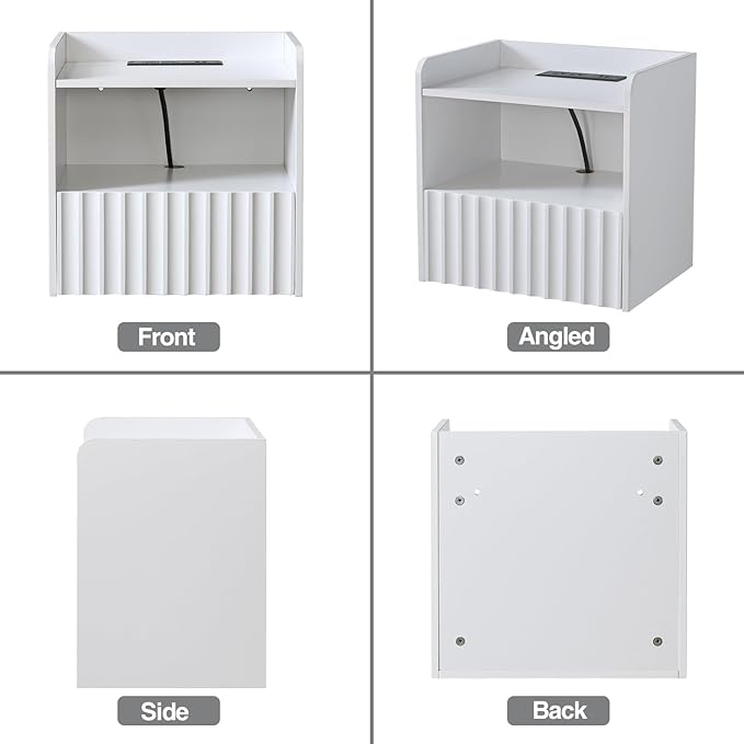 Modern Fluted Floating Nightstand Wall Mounted Set of 2- Bedside Table with Storage Drawer & Display Shelf, Minimalist Bedroom Furniture for Studio Apartments (Matte White)