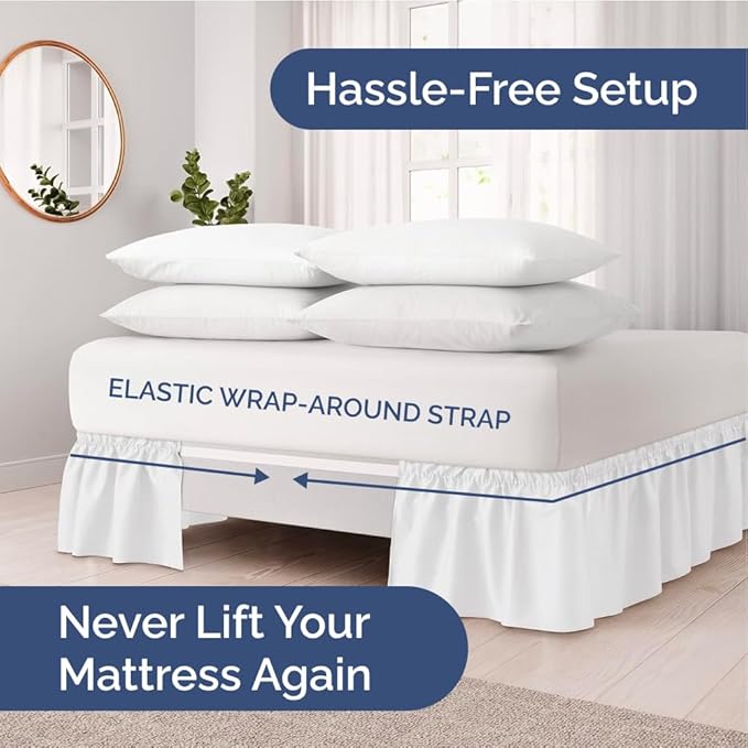 Wrap Around Dust Ruffle Bed Skirt - White - Twin/Twin XL Size Beds with 18 Inch Drop - Easy Fit Elastic Strap - Adjustable Pleated Bedskirt w/Brushed Fabric - Wrinkle Free - Women, Men, Kids & Teens