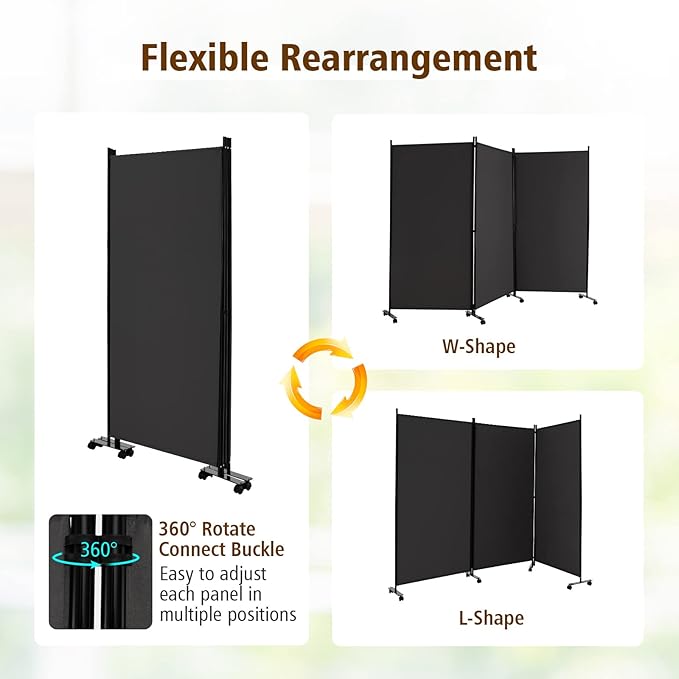 GOFLAME 3 Panel Folding Room Divider, 6FT Rolling Privacy Screen with Lockable Wheels, Portable Room Partition Screen, Freestanding Wall Divider and Separator for Home Office, Grey