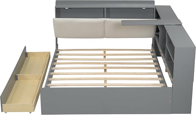 Ball & Cast Full Size Wooden Storage Daybed Frame, Modern Platform Bed with Drawers & Flip Headboard & Shelves, L Shaped Full Floor-Bed w/Upholstered Headboard&Storage, No Box Spring Needed, Gray