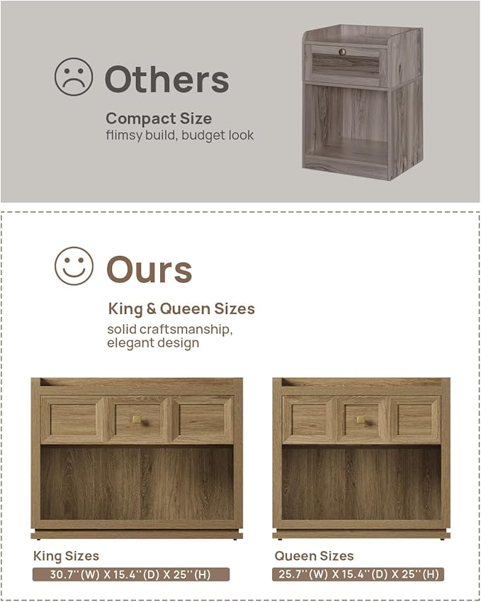 SICOTAS 31" Wide Nightstands Set of 2, Large Night Stands with Drawer, Oversized King Size Nightstand Bedside Table for Bedroom, Farmhouse End Side Table Set of 2 (Brown Oak, 31-Inch)