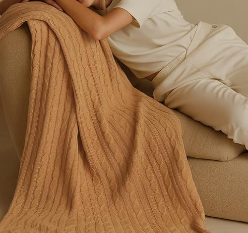 100% Cotton Cable-Knit Throw Blanket: 60" x 70", Ultra Soft, Breathable, All-Season Comfort & Versatility, Ideal for Couch, Bed, Travel and Gifting (Camel)