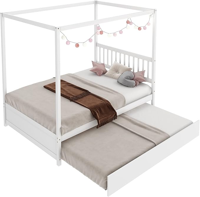 Giantex Canopy Bed with Trundle, Full Size Kids Solid Wood Platform Bed Frame w/Headboard Wooden Twin Trundle Bed for Boys Girls, No Box Spring Needed (White)