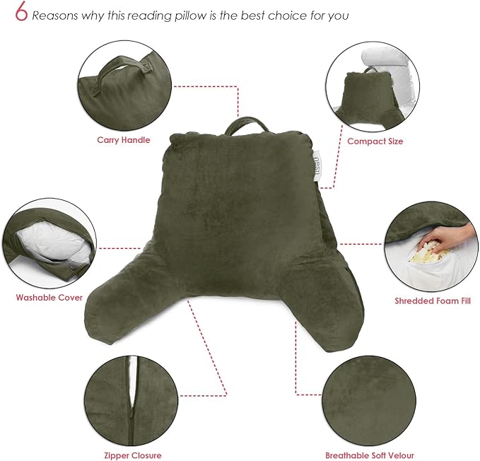 Nestl Reading Pillow for Kids & Teens with Shredded Memory Foam, Backrest Pillows for Reading, Watching, and Gaming, Use on the Couch, Bed, or Floor, Adjustable Support with Washable Cover Olive Green