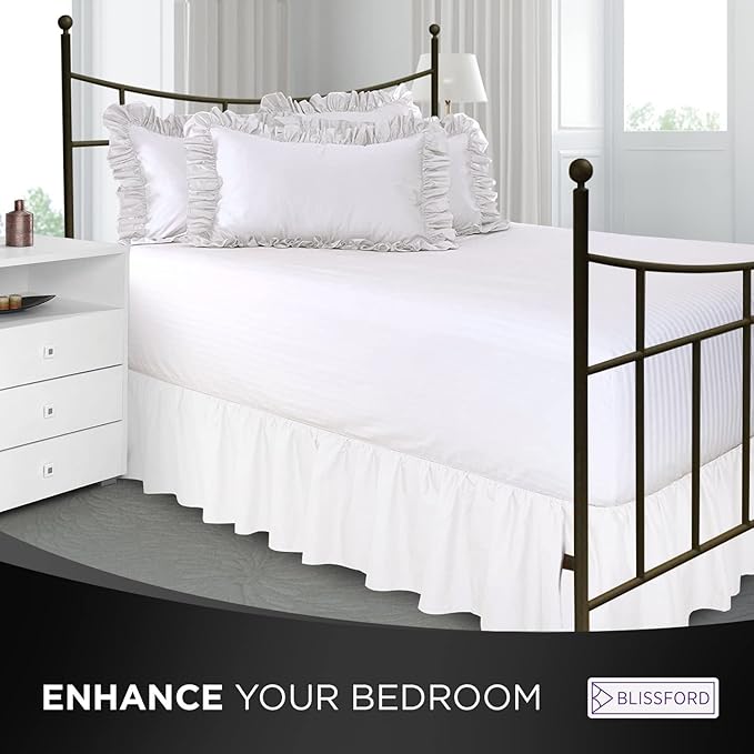 BLISSFORD White Bed Skirt Queen Size 18 inch Drop - with Split Corners - Cotton Blend Ruffled Bed Skirt, Dust Ruffle with Platform, White Queen Size Bedskirt, Machine Washable