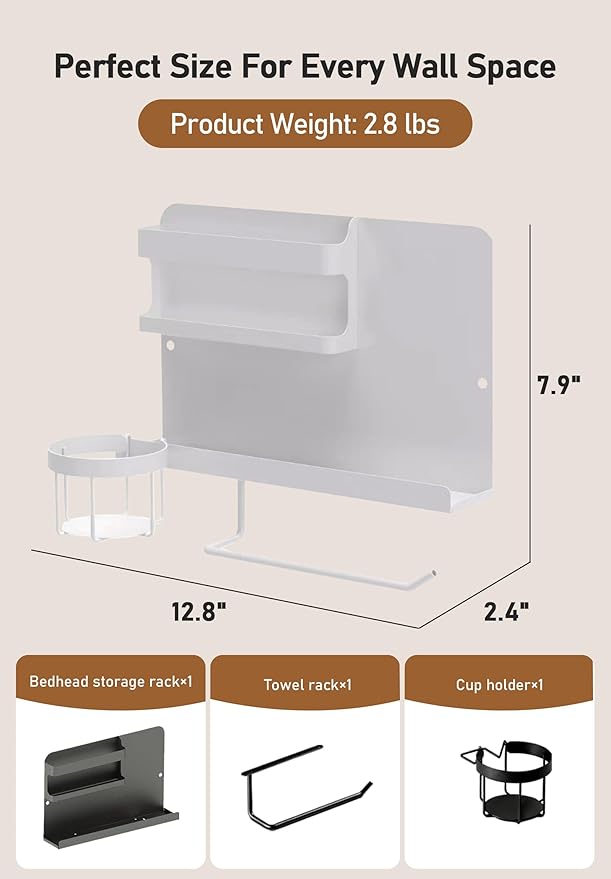 Bedside Wall Organizer Metal Shelf with Cup & Tissue Holder – Waterproof Wall Storage Rack for Dorm Room, Bathroom, Kitchen, and Office (White)