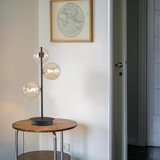 Mid Century Modern 3 Lights Globe Table Lamp Contemporary Minimalist Tall Bedside Desk Lamp Farmhouse Cognac Glass Nightstand Lamps Vintage Reading Light for Bedroom Living Room MTL03-B