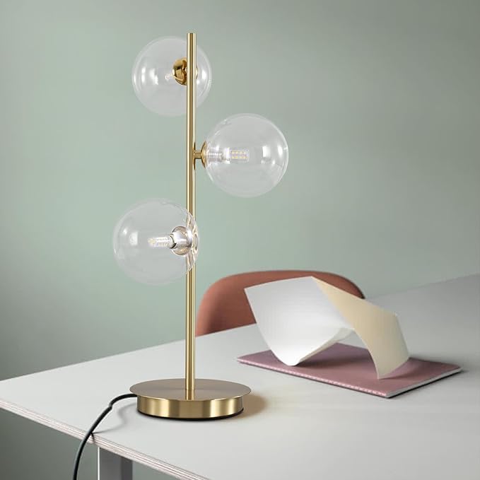 Mid Century Globe Table Lamp, Modern 3 Lights Gold Desk Lamp, Contemporary White Glass Globe Reading Lamp for Bedroom Living Room Study Room