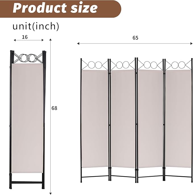 FDW 4 Panel Room Divider and Folding Portable Partition Screen, 6FT Wall Divider Screen for Dorm Bedroom Office, Sand