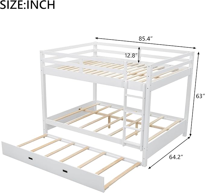 Bellemave Queen Over Queen Size Bunk Bed with Trundle for Kids/Adults,Solid Wood Bunk Bed Frame Queen Size with Ladder & Safety Guardrails,White