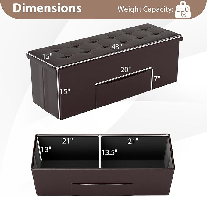 Giantex 43 Inches Folding Storage Ottoman Bench, Upholstered PU Leather Storage Chest with Side Pocket, Padded Seat, End of Bed Bench, Collapsible Ottoman Foot Rest for Living Room, Bedroom & Entryway